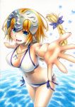  1girl alternate_costume bikini blonde_hair blue_eyes braid breasts cleavage commentary_request cowboy_shot fate_(series) headpiece highres kawachi_koorogi large_breasts long_hair midriff navel open_mouth outstretched_arms outstretched_hand reaching_out ruler_(fate/apocrypha) sideboob single_braid swimsuit thighs very_long_hair white_bikini 