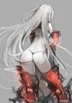  1girl aircraft_carrier_hime armor armored_boots ass bikini boots from_behind highres kantai_collection long_hair pale_skin panties sailor_collar shinkaisei-kan side-tie_panties silver_hair solo sumisu_(mondo) swimsuit thigh-highs thigh_boots thong underwear very_long_hair 