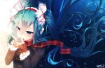  1girl ahoge aqua_hair bai_yemeng black_coat blue_eyes blush brown_gloves coat cup drinking earmuffs eyebrows_visible_through_hair fingerless_gloves floating_hair gloves hair_between_eyes hatsune_miku headphones heart heart_print holding holding_cup latte_art long_hair long_sleeves number plaid plaid_scarf red_scarf revision scarf sipping snowflakes solo steam teacup twintails upper_body very_long_hair vocaloid 