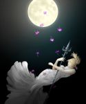  1girl blonde_hair dress falling final_fantasy final_fantasy_xv flower full_moon lunafreya_nox_fleuret moon night night_sky polearm ponytail sky solo soto_(20151217337) trident weapon white_dress 