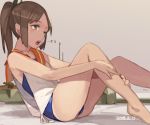  1girl 2014 barefoot brown_eyes brown_hair dated highres i-401_(kantai_collection) kantai_collection leaning_back leg_hug open_mouth ponytail school_swimsuit school_uniform serafuku sidelocks sitting sketch solo swimsuit swimsuit_under_clothes toro_(konirio) 