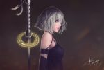  1girl 2017 alternate_hair_length alternate_hairstyle android armlet artist_name bare_shoulders black_gloves blue_eyes breasts collarbone dated elbow_gloves eyelashes from_side gloves hair_over_one_eye highres katana lips looking_at_viewer medium_breasts nier_(series) nier_automata nose parted_lips patrick_hambali pink_lips short_hair signature silver_hair sleeveless solo sword tank_top tassel teeth upper_body weapon yorha_type_a_no._2 