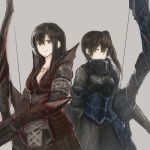  2girls akagi_(kantai_collection) alternate_costume armor armored_skirt bow_(weapon) breasts brown_eyes brown_hair cleavage grey_background ichi_inaru jewelry kaga_(kantai_collection) kantai_collection long_hair looking_at_viewer monster_hunter multiple_girls necklace rathalos_(armor) side_ponytail simple_background weapon 