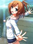  1girl :d absurdres blue_eyes blue_shorts brown_hair collarbone cowboy_shot denim denim_shorts eyebrows_visible_through_hair from_side hair_ornament harada_taiko highres jacket kimi_to_issho_ni looking_at_viewer ocean one_side_up open_mouth outdoors outstretched_arms short_hair short_shorts shorts smile solo standing tomose_shunsaku white_jacket 