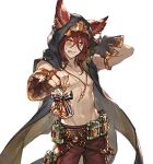  1boy animal_ears arm_behind_head clenched_teeth earrings elmott erun_(granblue_fantasy) fingerless_gloves gift gloves granblue_fantasy jewelry looking_away male_focus minaba_hideo necklace presenting simple_background solo tan teeth transparent_background upper_body white_day 