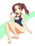  1girl bangs bare_shoulders black_bow blush bow breasts brown_eyes brown_hair closed_mouth collarbone feet food girls_und_panzer hair_bow highres holding holding_food ikomochi invisible_chair kadotani_anzu long_hair name_tag one-piece_swimsuit parted_bangs popsicle school_swimsuit shiny shiny_hair sitting small_breasts smile solo swimsuit twintails 
