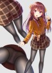  1girl alternate_costume black_legwear bow brown_hair brown_skirt crotch_seam gurande_(g-size) hair_bow highres kamikaze_(kantai_collection) kantai_collection long_hair multiple_views open_mouth panties panties_under_pantyhose pantyhose red_eyes skirt solo standing thighband_pantyhose underwear yellow_bow 