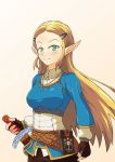  1girl black_gloves blonde_hair fingerless_gloves gloves green_eyes hair_ornament hairclip jewelry long_hair necklace pointy_ears princess_zelda sheath sheathed smile solo the_legend_of_zelda the_legend_of_zelda:_breath_of_the_wild upper_body yuukilin 