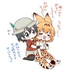  2girls animal_ears black_eyes black_gloves black_hair blush bow bowtie bucket_hat closed_eyes commentary_request flying_sweatdrops gloves hat hat_feather high-waist_skirt kaban_(kemono_friends) kemono_friends multiple_girls nail_clippers open_mouth orange_hair red_shirt serval_(kemono_friends) serval_ears serval_print serval_tail shirt short_hair shorts simple_background sitting skirt sleeveless sleeveless_shirt striped_tail tail tears thigh-highs translation_request trembling wariza white_background 