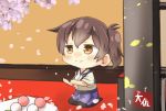  1girl artist_name black_legwear blue_hakama brown_eyes brown_hair cherry_blossoms chibi commentary_request dango food hakama highres japanese_clothes kaga_(kantai_collection) kantai_collection nontraditional_miko petals seiza short_hair side_ponytail sitting smile solo taisa_(kari) tasuki wagashi 