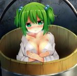  1girl akakabu_(obsidian910) blush breasts bucket character_request cleavage eyebrows_visible_through_hair green_eyes green_hair hair_bobbles hair_ornament hands_on_own_chest heart heart-shaped_pupils highres kisume large_breasts looking_at_viewer open_mouth solo steam suigetsu_(watermoon-910) symbol-shaped_pupils touhou 