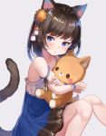  &gt;:( 1girl animal_ears bare_shoulders blue_eyes blush brown_hair cat_ears cat_tail collarbone detached_sleeves dress looking_at_viewer nishizawa original short_hair simple_background sitting solo stuffed_animal stuffed_toy tail wrist_cuffs 