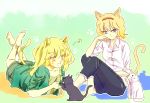  2girls alice_margatroid alternate_costume animal_ears barefoot blonde_hair blue_eyes blush braid capri_pants cat contemporary couple hairband highres kemonomimi_mode kirisame_marisa knora long_hair multiple_girls no_hat no_headwear open_mouth pants short_hair side_braid tail touhou yellow_eyes 