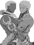  2boys archer dark_skin dark_skinned_male dual_persona emiya_alter fate/grand_order fate/stay_night fate_(series) gun highres looking_at_viewer male_focus multiple_boys parted_lips short_hair simple_background symmetry weapon white_background yaoi 