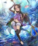  3girls arms_up barefoot blurry bridal_gauntlets brown_hair contrapposto depth_of_field fish floating_hair head_tilt horns light long_hair looking_at_viewer manta_ray midriff multiple_girls navel ocean pointy_ears puffy_shorts rhodomina shadowverse shingeki_no_bahamut shorts staff sunlight thigh-highs underwater violet_eyes weapon 