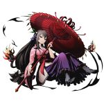  1girl amaterasu_(road_to_dragon) black_hair bow divine_gate full_body hair_ornament high_heels holding holding_umbrella japanese_clothes kimono long_hair long_skirt looking_at_viewer low-tied_long_hair official_art oriental_umbrella purple_skirt red_bow road_to_dragons shadow skirt smile solo transparent_background ucmm umbrella very_long_hair violet_eyes 