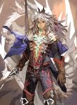  1boy armor balmung_(fate/apocrypha) dark_skin fate/apocrypha fate_(series) green_eyes long_hair looking_at_viewer male_focus platinum_blonde saber_of_black simple_background solo sword weapon white_hair 