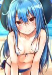  1girl bare_shoulders beach bikini blue_bikini blue_hair blush breasts closed_mouth collarbone eyebrows eyebrows_visible_through_hair front-tie_bikini front-tie_top hair_between_eyes hat head_tilt highres hinanawi_tenshi leaning_forward long_hair looking_at_viewer navel outdoors red_eyes sand sketch small_breasts smile solo standing swimsuit touhou water white_bikini yuhito_(ablbex) 