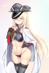  1girl adapted_costume anchor bismarck_(kantai_collection) black_panties blonde_hair blue_eyes breasts brown_gloves clipboard gloves grey_legwear hat highres i.f.s.f jewelry kantai_collection long_hair military military_hat military_uniform naval_uniform navel one_eye_closed panties peaked_cap ring solo thigh-highs underwear uniform wedding_band 