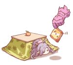  1girl chips disembodied_limb food fruit granblue_fantasy hair_over_one_eye khell kotatsu mandarin_orange nio_(granblue_fantasy) potato_chips purple_hair table 