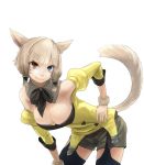  1girl animal_ears bangs bare_shoulders bent_over black_legwear blue_eyes breasts cat_ears cat_tail cleavage detached_collar facial_mark final_fantasy final_fantasy_xiv fingernails garter_straps hair_ornament hair_tubes hand_on_hip hand_on_thigh heterochromia large_breasts lips long_fingernails looking_at_viewer miqo&#039;te pose potion_lilac(popopotionu) red_eyes shorts simple_background smile solo tail thigh-highs tsurime white_background white_hair wristband 