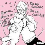  1boy closed_eyes dancing dog english eugenio2nd hair_over_one_eye heart makkachin male_focus monochrome open_mouth pink_background smile tongue tongue_out viktor_nikiforov yuri!!!_on_ice 