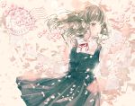  1girl 2017 brown_eyes brown_hair cherry_blossoms commentary dress english envelope eyelashes highres letter light_particles lips lipstick long_hair looking_to_the_side love_letter makeup muted_color neck_ribbon original pale_skin pencil petals postmark ribbon ruru school_uniform solo spring wind 