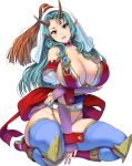  1girl :d aqua_hair bangs between_legs blue_legwear boots breasts cleavage collar collarbone green_eyes groin hair_over_shoulder hand_between_legs head_tilt highres horns huge_breasts long_hair looking_at_viewer masao open_mouth original parted_bangs pointy_ears puffy_short_sleeves puffy_sleeves red_boots short_sleeves simple_background sitting smile solo thick_thighs thigh-highs thighs white_background wrist_cuffs 