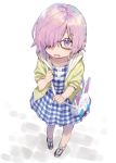  1girl alternate_costume bag checkered checkered_dress commentary_request dress fate/grand_order fate_(series) fou_(fate/grand_order) glasses hair_over_one_eye highres jacket lavender_hair shielder_(fate/grand_order) shirabi_(life-is-free) short_hair simple_background sketch solo violet_eyes white_background younger 