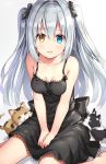  1girl bare_shoulders black_dress blue_eyes blush breasts cat cleavage dress heterochromia long_hair open_mouth original rin_yuu silver_hair smile solo two_side_up yellow_eyes 
