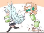  1girl animal_ears belt blue_eyes bucket chibi commentary_request crossover dog_ears dog_tail flat_cap flying_sweatdrops hat hibiki_(kantai_collection) kantai_collection kemonomimi_mode long_hair nonono_(mino) pleated_skirt pokemon pokemon_(creature) pokemon_(game) pokemon_sm repair_bucket roomba rowlet school_uniform serafuku silver_hair skirt sweatdrop tail thigh-highs verniy_(kantai_collection) 