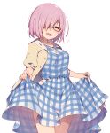  1girl :d ^_^ black-framed_eyewear blush breasts casual closed_eyes contemporary dress dress_lift eyebrows_visible_through_hair fate/grand_order fate_(series) flying_sweatdrops hair_ornament hair_over_one_eye large_breasts muryou open_mouth pink_hair plaid plaid_dress shielder_(fate/grand_order) simple_background smile solo white_background x_hair_ornament 