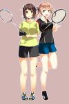  2girls absurdres alternate_costume aqua_eyes badminton_racket blonde_hair blush brown_eyes brown_hair furutaka_(kantai_collection) hair_ornament hair_ribbon hairclip highres kantai_collection long_hair multiple_girls prinz_eugen_(kantai_collection) racket ribbon sahuyaiya short_hair smile sportswear twintails v 