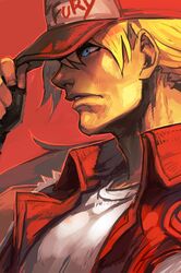  1boy baseball_cap blonde_hair blue_eyes fatal_fury fingerless_gloves gloves hankuri hat long_hair male_focus muscle ponytail solo terry_bogard the_king_of_fighters 