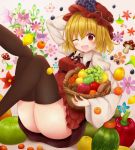  1girl ;d absurdres akakabu_(obsidian910) aki_minoriko apple basket black_legwear blonde_hair blush eyebrows_visible_through_hair flower food fruit grapes hat highres lemon looking_at_viewer mandarin_orange mushroom one_eye_closed open_mouth red_eyes red_hat smile solo suigetsu_(watermoon-910) thigh-highs tomato touhou vegetable 