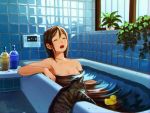  1girl arms_up bath bathing bathroom bathtub bird black_hair breasts cat closed_eyes collarbone crossed_arms duck duckling flower indoors long_hair nashigaya_koyomi nude open_mouth original partially_submerged plant potted_plant ripples rubber_duck solo tile_floor tile_wall tiles water wet wet_hair 