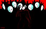  6+girls ashi_(samurai_jack) black_hair bodysuit clenched_hand daughters_of_aku eyeliner hair_over_one_eye kaigetsudo lips makeup mask mask_removed multiple_girls ninja outline red_background samurai_jack siblings sisters solo_focus spiky_hair tsurime 