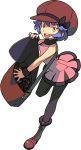  1girl bag bare_back bare_shoulders boots bow brown_boots brown_eyes cabbie_hat card cross-laced_footwear dress fur_trim hat hat_bow ishikawa_hideki lace-up_boots leg_up looking_at_viewer messenger_bag nadja_(pokemon) official_art open_mouth pantyhose pink_dress pokemon pokemon_(game) pokemon_co-master short_hair shoulder_bag smile solo striped striped_legwear transparent_background wristband yellow_eyes 