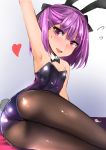  1girl animal_ears arm_up armpits ass bare_shoulders blush bunnysuit detached_collar fake_animal_ears fate/grand_order fate_(series) helena_blavatsky_(fate/grand_order) highres leotard looking_at_viewer muoto pantyhose purple_hair short_hair smile solo violet_eyes 