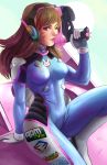  1girl animal_print aqua_background arm_support bangs blizzard_(company) bodysuit bracer breasts brown_eyes brown_hair bubble_blowing bunny_print charm_(object) chewing_gum clothes_writing d.va_(overwatch) facepaint facial_mark finger_on_trigger gloves gun handgun headphones high_collar highres holding holding_gun holding_weapon leaning_back leg_up light_smile long_hair looking_at_viewer mecha medium_breasts meka_(overwatch) nuryfury one_eye_closed one_leg_raised overwatch pilot_suit pink_lips pistol ribbed_bodysuit shoulder_pads sitting sitting_on_object skin_tight solo swept_bangs weapon whisker_markings white_gloves 
