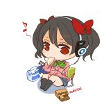  1girl 2014 bag black_hair bow bowtie brand_name_imitation caloriemate cardigan cellphone chibi dated eating green_bow green_bowtie hair_bow headphones highres koss love_live! love_live!_school_idol_project milk_carton mota musical_note phone red_bow red_eyes school_bag school_uniform short_hair simple_background sitting solo striped striped_bow striped_bowtie twintails white_background yazawa_nico 