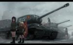  5girls arms_behind_back bangs black_hair black_legwear black_shoes black_skirt blonde_hair blue_eyes closed_mouth emblem extra flag girls_und_panzer green_jacket ground_vehicle hand_on_hip highres holding is-2 jacket katyusha kv-2 loafers long_hair long_sleeves looking_at_another looking_at_viewer military military_vehicle miniskirt motor_vehicle multiple_girls nonna pleated_skirt pravda_(emblem) pravda_school_uniform red_shirt school_uniform shirt shoes short_hair skirt snow socks standing swept_bangs t-34 tank turtleneck usukuti winter 