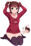  !? 1girl :&gt; amami_haruka bangs black_legwear blunt_bangs blush breasts brown_hair bunching_hair chibi_inset closed_mouth commentary_request eyebrows_visible_through_hair green_eyes hidebou idolmaster long_sleeves looking_at_viewer looking_away looking_up lying medium_breasts no_shoes nonowa nude off_shoulder on_back open_mouth panties pink_panties pom_pom_(clothes) red_sweater seiza short_hair short_twintails sitting smile solo thigh-highs thighs twintails two_side_up underwear 