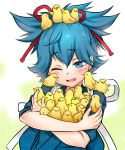  1boy animal animal_on_head bird bird_on_head blue_eyes blue_hair blush chick japanese_clothes kagetora male_focus on_head one_eye_closed open_mouth ponytail sayo_samonji smile too_many too_many_chicks touken_ranbu 