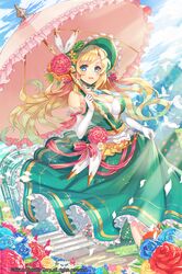  1girl bashikou bird blonde_hair blue_eyes breasts cleavage company_name curly_hair flower full_body gloves gyakushuu_no_fantasica hat highres long_hair official_art open_mouth parasol petals rose sky solo sparkle umbrella 