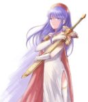  1girl blue_eyes blue_hair cape dress fire_emblem fire_emblem:_fuuin_no_tsurugi hat holding holding_weapon lilina looking_at_viewer sheath simple_background solo sword thigh-highs weapon white_hair 