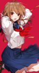  1girl :d arms_up bangs blue_skirt blush brown_hair brown_shoes eyebrows_visible_through_hair floating_hair highres knee_up kneehighs loafers long_hair looking_at_viewer neckerchief open_mouth original pleated_skirt red_background red_neckerchief school_uniform serafuku shirako_miso shoes simple_background skirt smile solo white_legwear wind wind_lift 