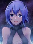  1girl assassin_(fate/prototype_fragments) bare_shoulders blush breasts center_opening dark_skin fate/prototype fate/prototype:_fragments_of_blue_and_silver fate_(series) hairband hands_together highres looking_at_viewer medium_breasts open_mouth purple_hair short_hair sky solo star_(sky) starry_sky upper_body violet_eyes wadakazu wind 