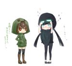  2girls adjusting_clothes aqua_eyes black_hair blush boots brown_hair creeparka creeper embarrassed enderman fidgeting glowing glowing_eyes goggles goggles_on_head hands_in_pockets hood hoodie long_hair looking_away minecraft multiple_girls poncho qsr red_eyes short_hair thigh-highs translated twintails zettai_ryouiki 