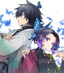  1boy 1girl animal back-to-back belt black_hair black_jacket blue_butterfly blue_eyes blush breasts bug butterfly butterfly_hair_ornament butterfly_on_finger butterfly_on_head buttons closed_mouth commentary_request cosplay costume_switch eyebrows_visible_through_hair gradient_hair hair_between_eyes hair_ornament haori highres insect jacket japanese_clothes kimetsu_no_yaiba kochou_shinobu kochou_shinobu_(cosplay) leele_(maruet) looking_at_viewer looking_away medium_breasts medium_hair multicolored_hair open_clothes ponytail purple_hair short_hair smile tomioka_giyuu tomioka_giyuu_(cosplay) twitter_username uniform violet_eyes white_belt white_jacket 
